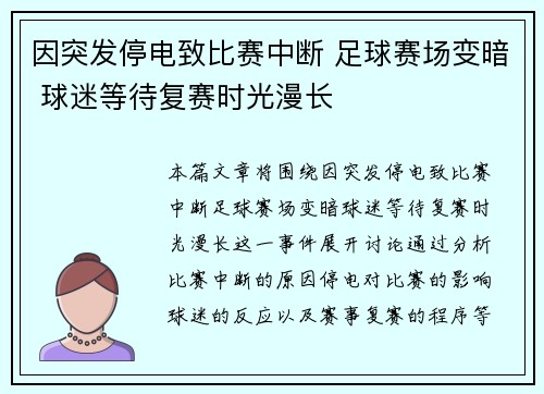 因突发停电致比赛中断 足球赛场变暗 球迷等待复赛时光漫长