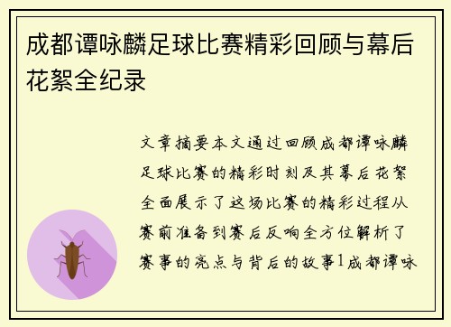 成都谭咏麟足球比赛精彩回顾与幕后花絮全纪录