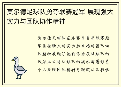 莫尔德足球队勇夺联赛冠军 展现强大实力与团队协作精神