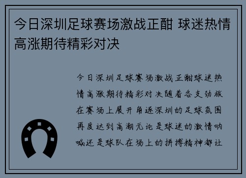 今日深圳足球赛场激战正酣 球迷热情高涨期待精彩对决