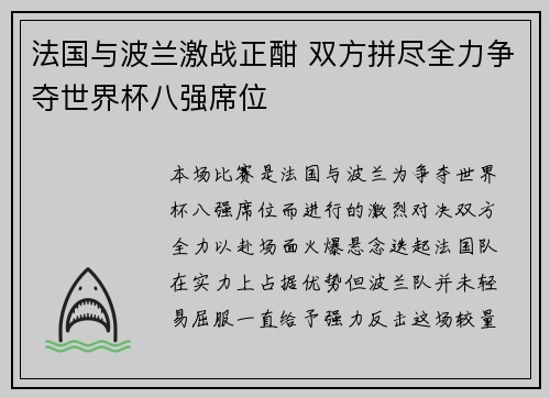 法国与波兰激战正酣 双方拼尽全力争夺世界杯八强席位
