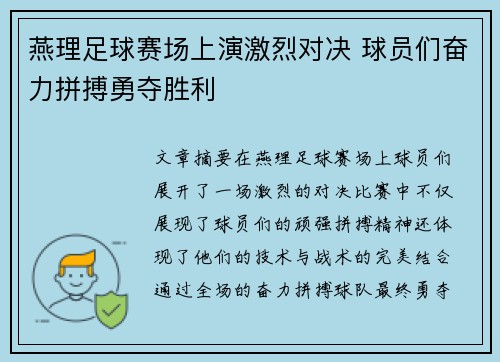 燕理足球赛场上演激烈对决 球员们奋力拼搏勇夺胜利