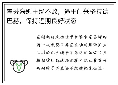 霍芬海姆主场不败，逼平门兴格拉德巴赫，保持近期良好状态