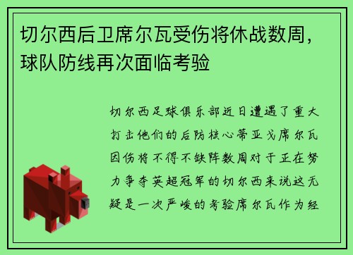 切尔西后卫席尔瓦受伤将休战数周，球队防线再次面临考验