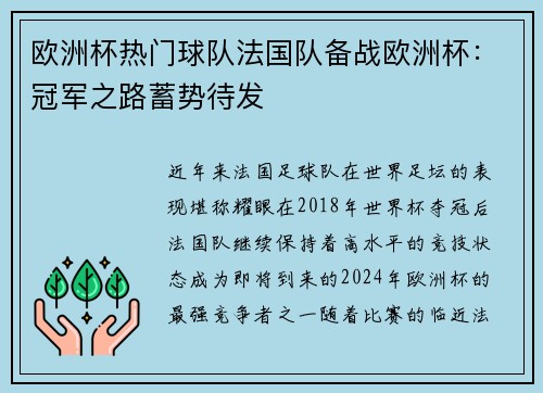 欧洲杯热门球队法国队备战欧洲杯：冠军之路蓄势待发