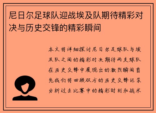 尼日尔足球队迎战埃及队期待精彩对决与历史交锋的精彩瞬间
