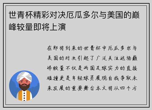 世青杯精彩对决厄瓜多尔与美国的巅峰较量即将上演