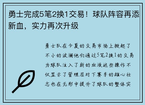 勇士完成5笔2换1交易！球队阵容再添新血，实力再次升级