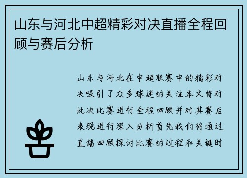 山东与河北中超精彩对决直播全程回顾与赛后分析