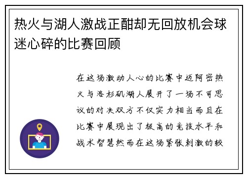 热火与湖人激战正酣却无回放机会球迷心碎的比赛回顾
