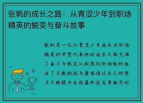 张帆的成长之路：从青涩少年到职场精英的蜕变与奋斗故事
