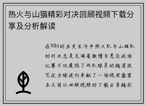 热火与山猫精彩对决回顾视频下载分享及分析解读