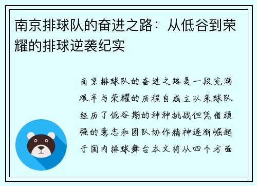 南京排球队的奋进之路：从低谷到荣耀的排球逆袭纪实