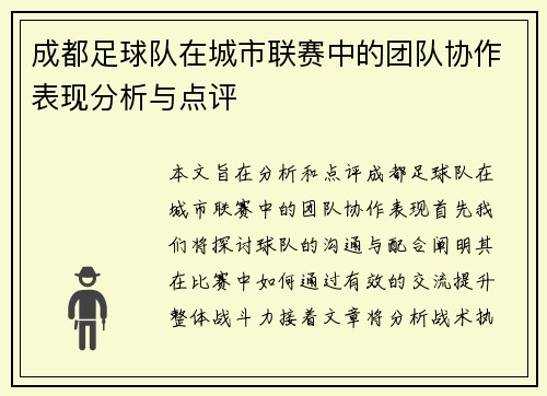 成都足球队在城市联赛中的团队协作表现分析与点评