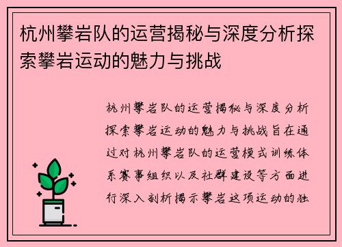杭州攀岩队的运营揭秘与深度分析探索攀岩运动的魅力与挑战
