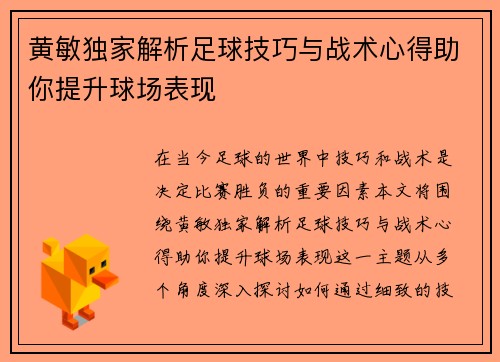 黄敏独家解析足球技巧与战术心得助你提升球场表现