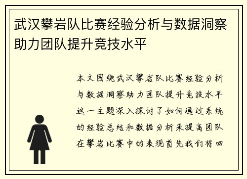武汉攀岩队比赛经验分析与数据洞察助力团队提升竞技水平
